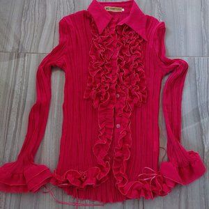 Y2K Sweet Tiger Dark Pink Sheer Ruffled Fairy Barbie Blouse (Size S)